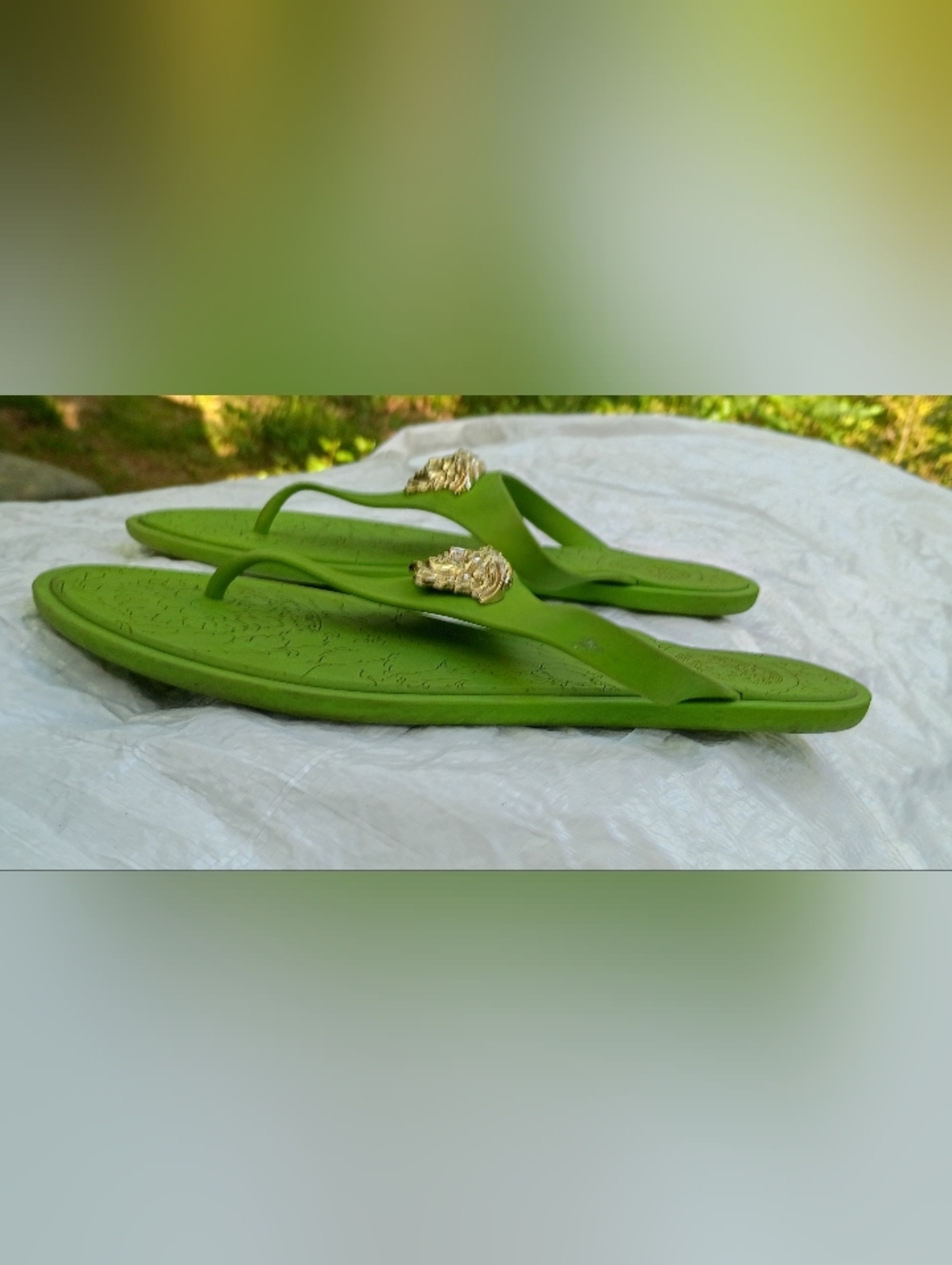 Versace Lime Green Medusa Thong Sandals with Gold Medallions - Picture 8 of 8